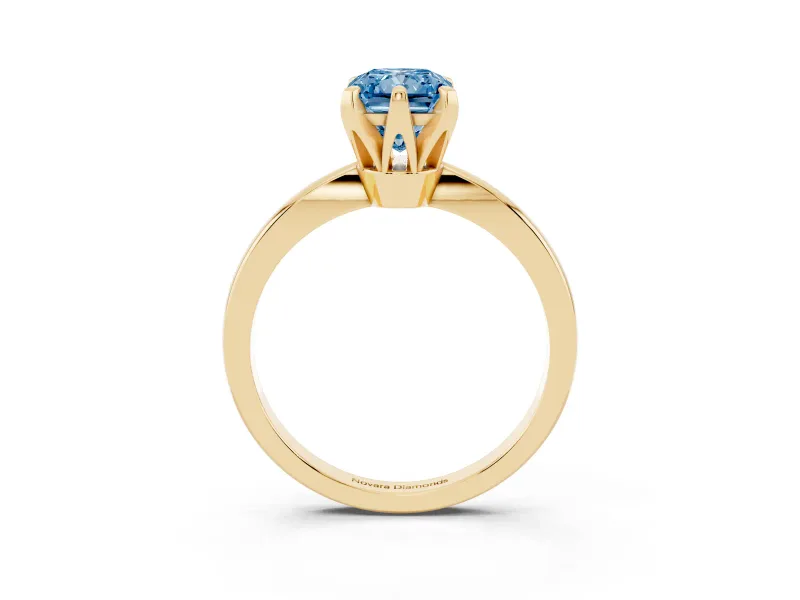 Fancy Blue Radiant Cut Diamond Solitaire Engagement Ring Set in Yellow gold with Slim Tapered Solitaire Band