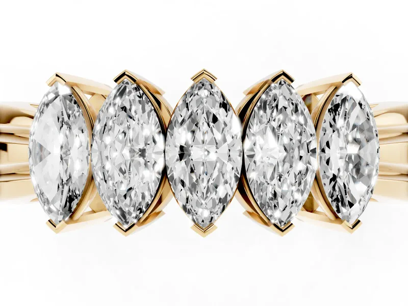 Five-Stone Marquise Diamond Split Shank Ring Set in Yellow gold with Shared Prong Setting