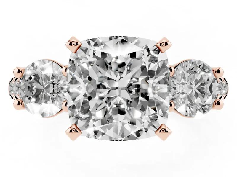 Cushion Cut Three-Stone Pavé Engagement Ring Setting | Round Side Stones | Rose Gold