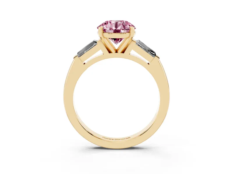 Round Three Stone Engagement Ring Setting for a Fancy Pink Lab-Grown Diamond | Tapered Baguettes | Yellow Gold