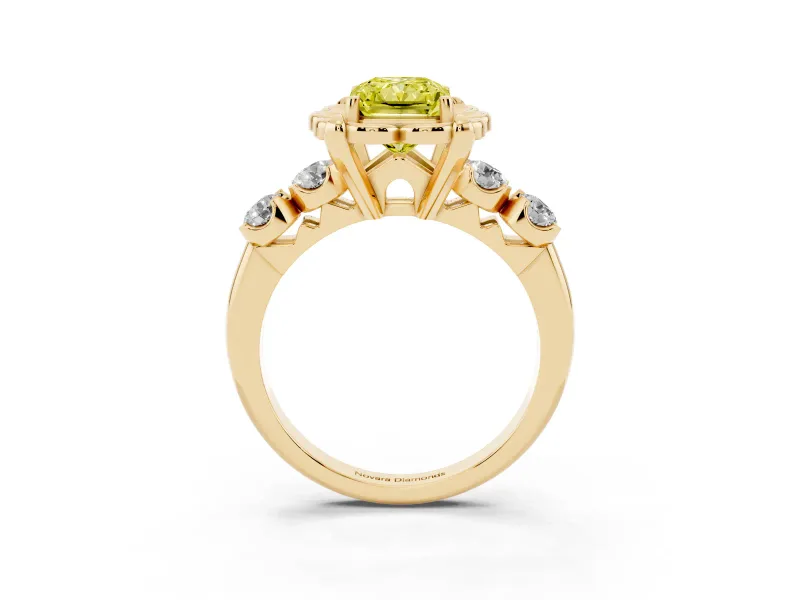 Fancy Yellow Radiant Cut Diamond Floral Halo Ring Set in Yellow gold with Shared Prong Band