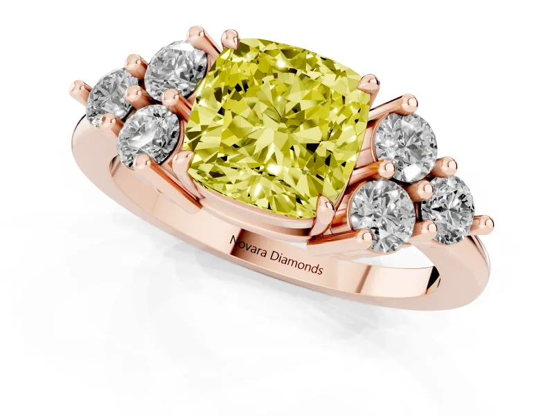 Cushion Cut Cluster Side Stone Engagement Ring Setting for a Fancy Yellow Lab-Grown Diamond | Plain Band | Rose Gold