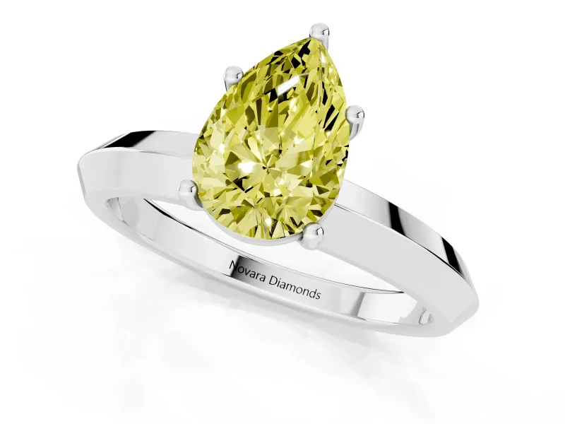 Fancy Yellow Pear Cut Diamond Solitaire Engagement Ring Set in Silver with Flat Band and Prong Setting