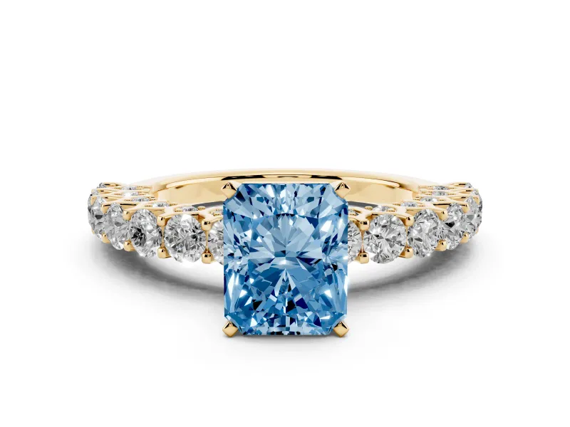 Fancy Blue Radiant Cut Diamond Solitaire Ring Set in Yellow gold with Shared Prong Pavé Band