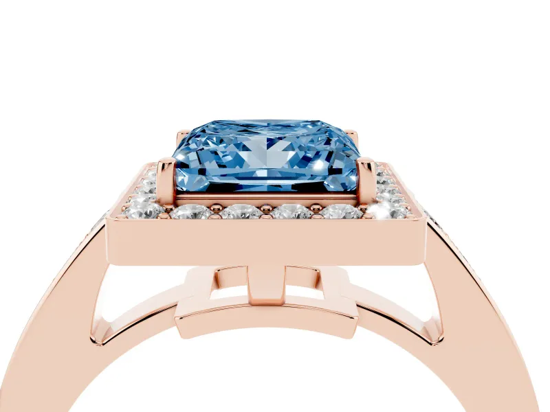 Fancy Blue Princess Cut Diamond Halo Pavé Engagement Ring Set in Rose gold with Bezel Setting