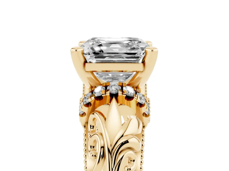 Asscher Cut Diamond Filigree Halo Engagement Ring Set in Yellow gold with Prong Setting