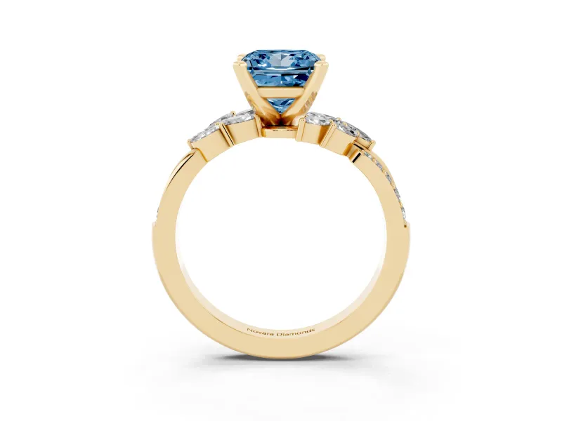 Princess Cut Floral Engagement Ring Setting for a Fancy Blue Lab-Grown Diamond | Marquise Side Stones | Yellow Gold