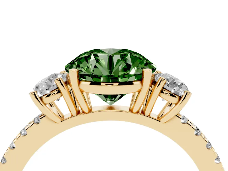 Fancy Green Round Cut Diamond Three-Stone Ring Set in Yellow gold with Pavé Band and Graduated Sides