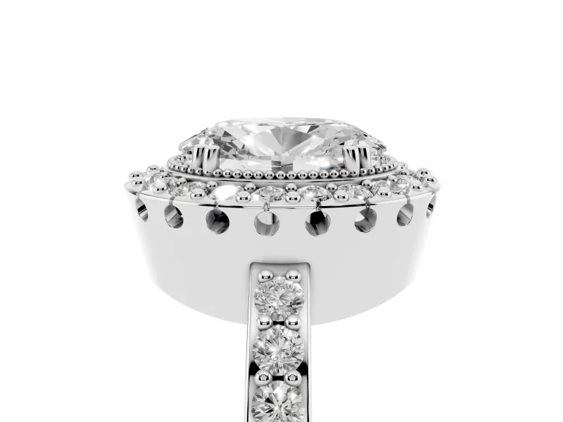 Oval Cut Diamond Halo Ring Set in White gold with Pavé Shank and Prong Setting