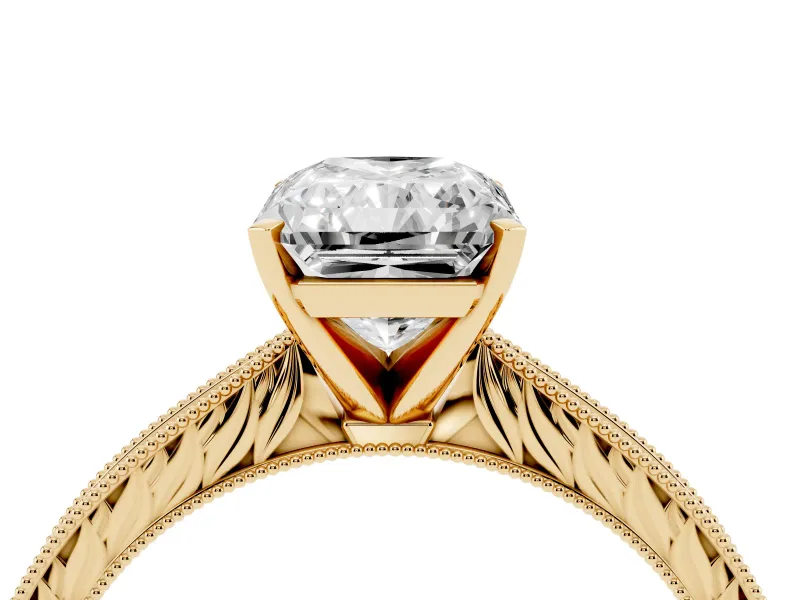 Radiant Cut Diamond Solitaire Milgrain Engraved Band Set in Yellow gold with Prong Setting