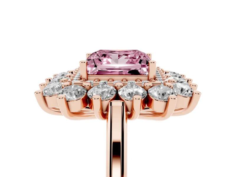 Princess Cut Floral Double Halo Engagement Ring Setting for a Fancy Pink Lab-Grown Diamond | Plain Band | Rose Gold