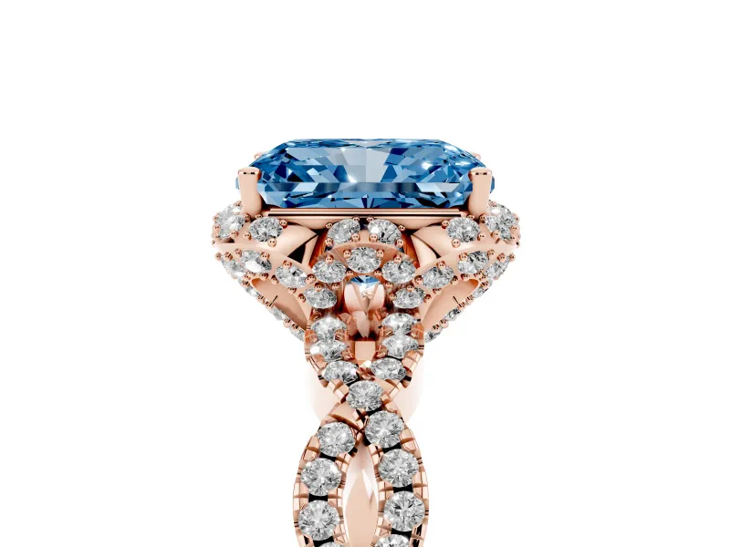 Radiant Cut Milgrain Halo Engagement Ring Setting for a Fancy Blue Lab-Grown Diamond | Graduated Shoulders | Rose Gold