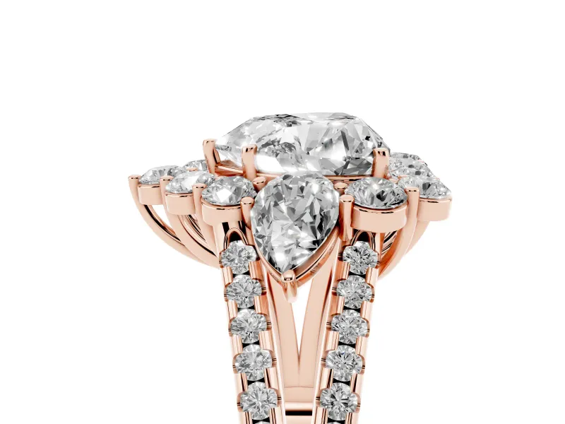 Heart Cut Diamond Halo Split Shank Engagement Ring Set in Rose gold with Prong-Held Center Stone