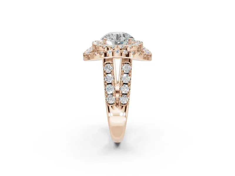 Round Double Halo Split Shank Engagement Ring Setting | Multi-Row Pavé | Rose Gold
