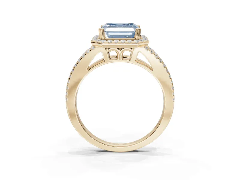 Asscher Cut Halo Split Shank Engagement Ring Setting for a Fancy Blue Lab-Grown Diamond | Pavé Shoulders | Yellow Gold