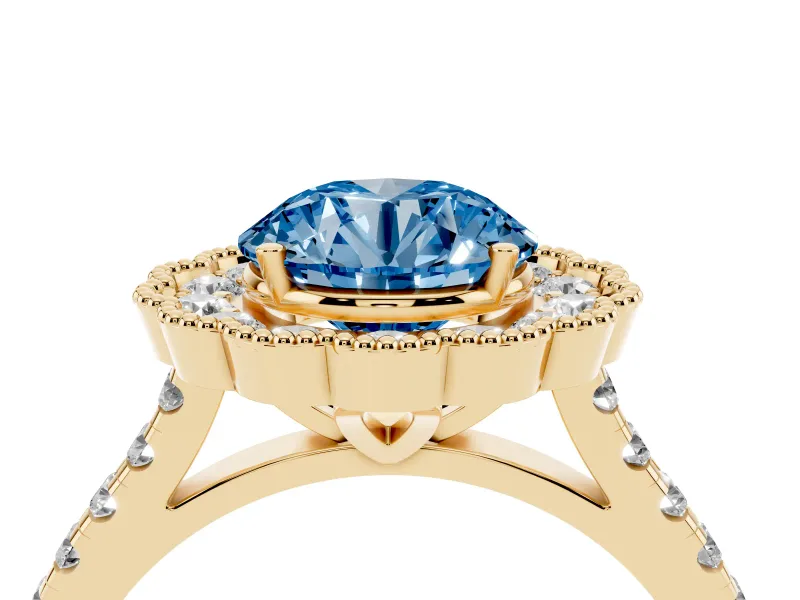 Round Vintage Milgrain Floral Halo Engagement Ring Setting for a Fancy Blue Lab-Grown Diamond | Pavé Band | Yellow Gold