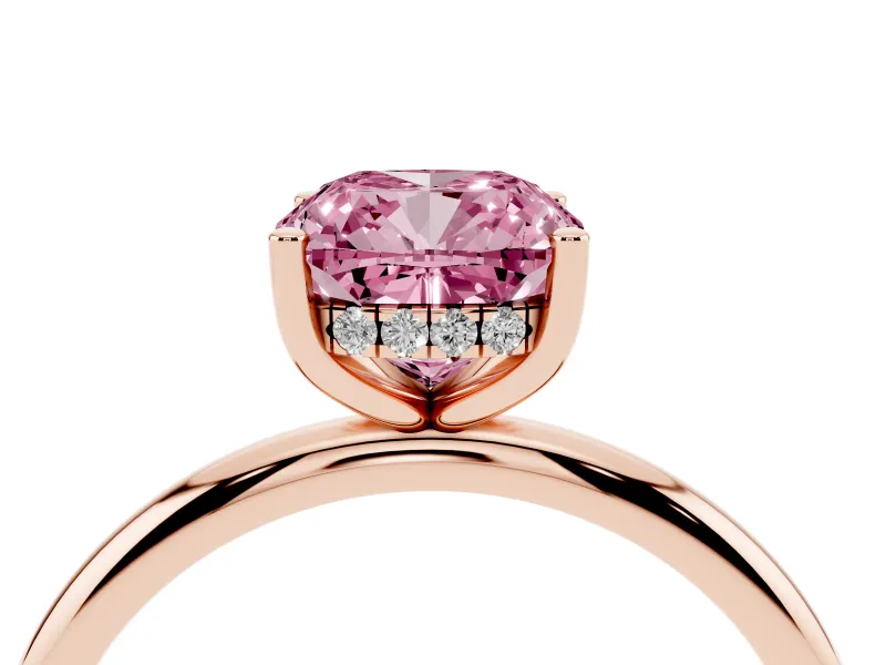 Fancy Pink Cushion Cut Diamond Solitaire Engagement Ring Set in Rose gold with Prong Setting and Polished Band