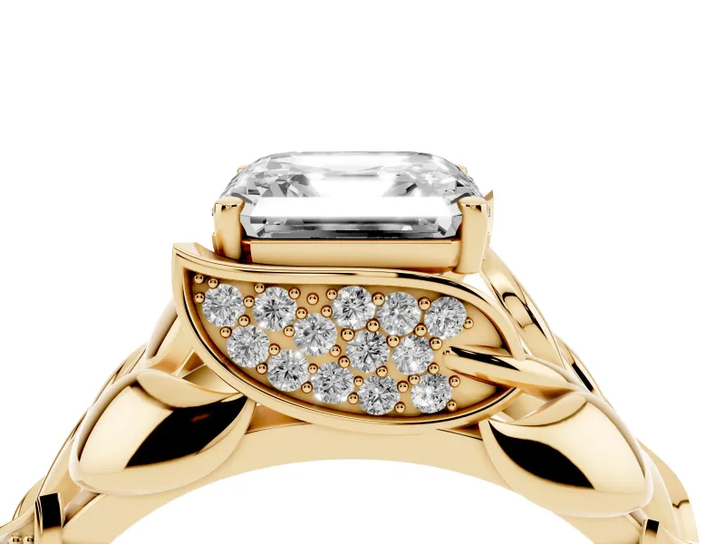 Asscher Cut Leaf Bypass Engagement Ring Setting | Pave Leaf Accents | Yellow Gold