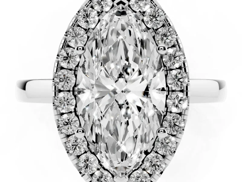 Marquise Cut Diamond Halo Solitaire Ring Set in Silver with Pavé Band and Prong Setting
