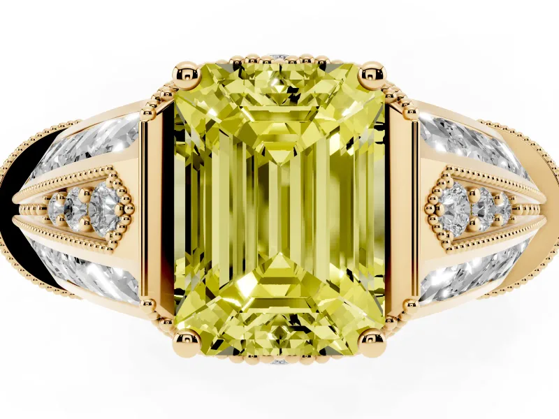 Fancy Yellow Emerald Cut Diamond Vintage-Inspired Milgrain Ring Set in Yellow gold with Accent Split Shank