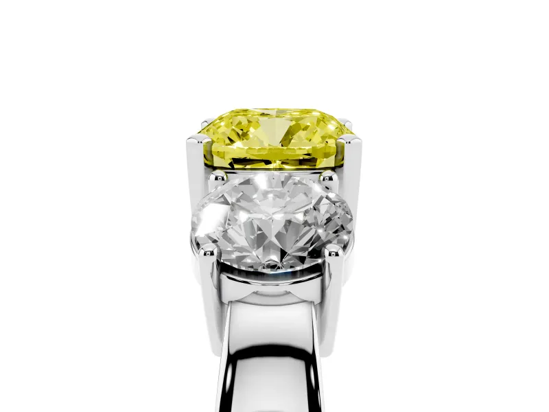Cushion Cut Three Stone Engagement Ring Setting for a Fancy Yellow Lab-Grown Diamond | Wide Plain Band | Platinum