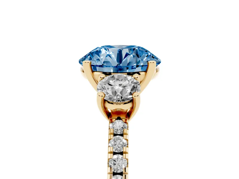 Round Three Stone Engagement Ring Setting for a Fancy Blue Lab-Grown Diamond | Pave Shoulders | Yellow Gold