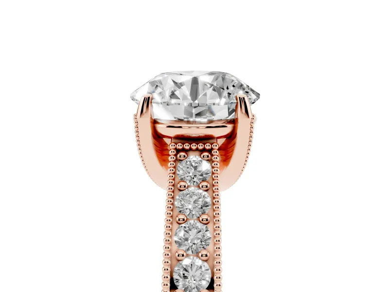 Round Vintage Hidden Halo Engagement Ring Setting | Milgrain Pave Band | Rose Gold