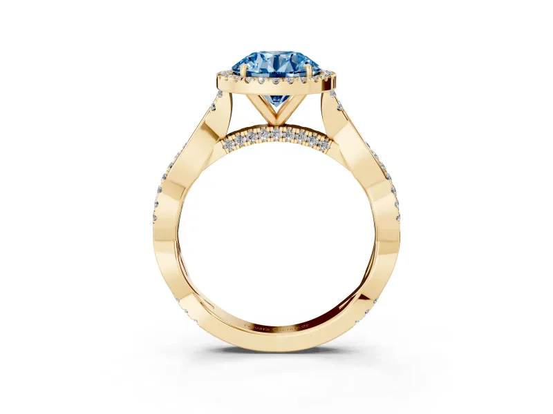 Round Twist Halo Engagement Ring Setting for a Fancy Blue Lab-Grown Diamond | Yellow Gold