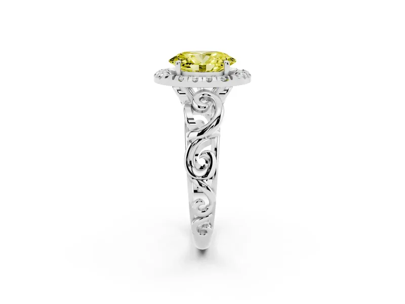 Fancy Yellow Oval Cut Diamond Halo Ring Set in Silver with Scrollwork Band and Prong Setting
