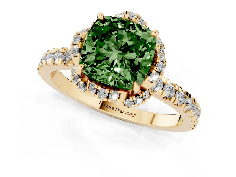 Fancy Green Cushion Cut Diamond Halo Pavé Band Ring Set in Yellow gold with Prong-Held Center