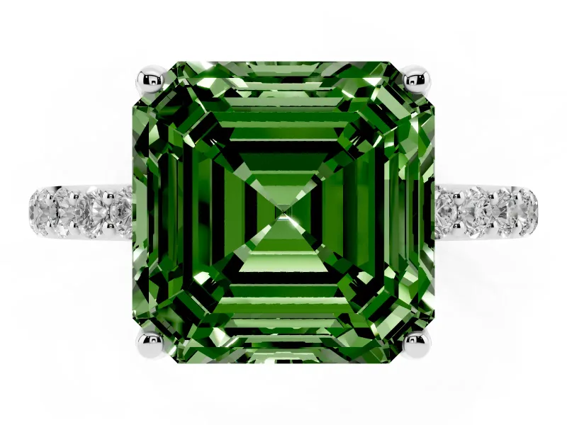 Asscher Cut Pave Solitaire Engagement Ring Setting for a Fancy Green Lab-Grown Diamond | Slim Band | White Gold