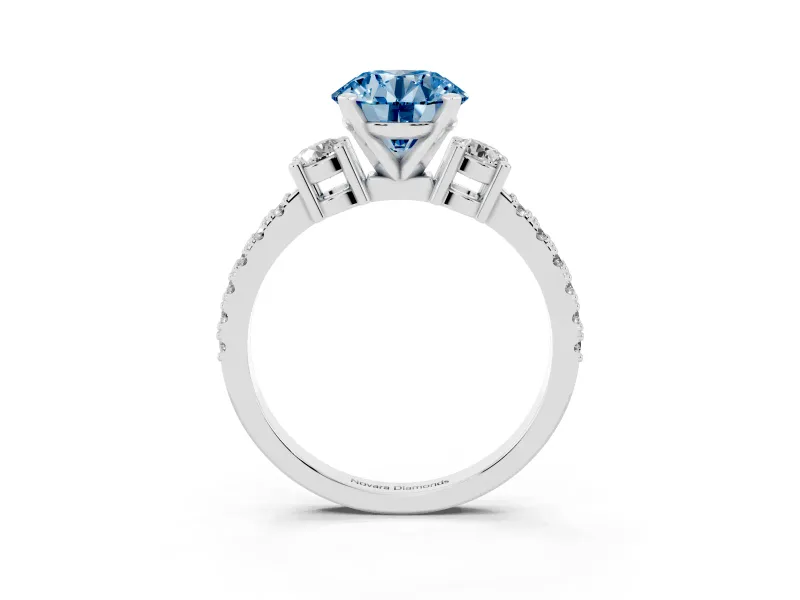 Fancy Blue Three-Stone Round Cut Diamond Pavé Band Ring Set in Platinum with Prong Setting