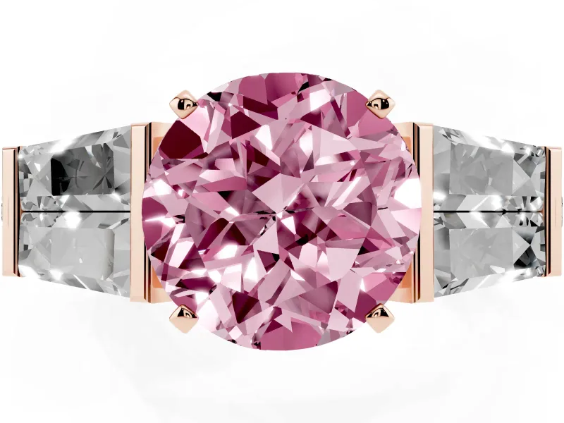 Fancy Pink Round Cut Diamond Engagement Ring Set in Rose gold with Baguette Side Stones and Channel Set Band