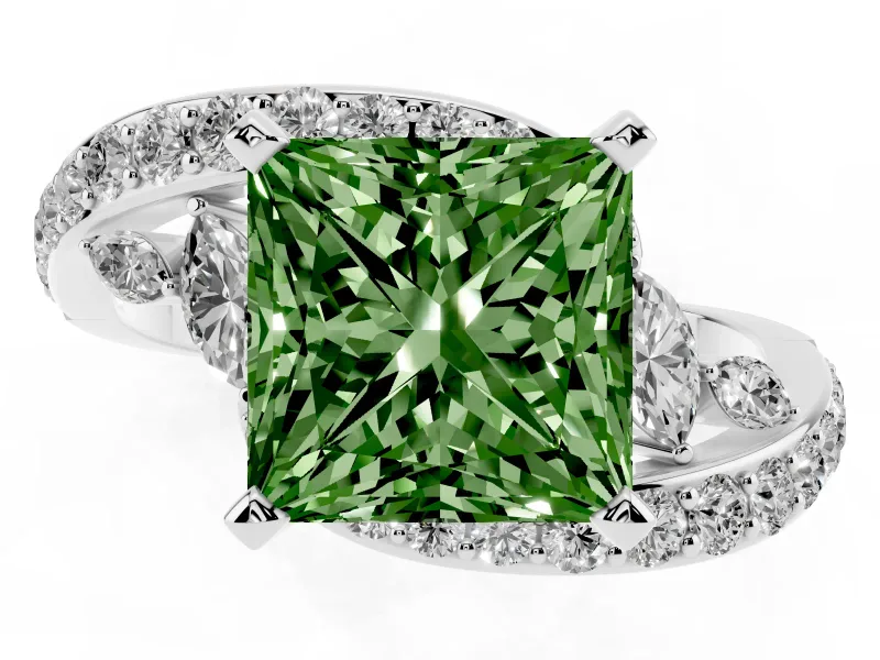 Fancy Green Princess Cut Diamond Solitaire Ring Set in Platinum with Pavé Twist Band and Secure Prong Setting
