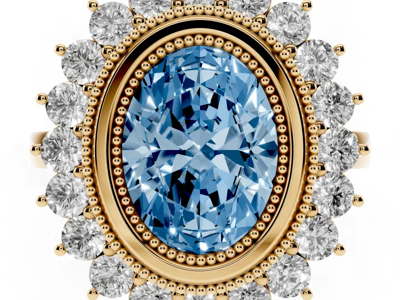 Fancy Blue Oval Cut Diamond Halo Ring Set in Yellow gold with Milgrain Edge and Round Prong Setting