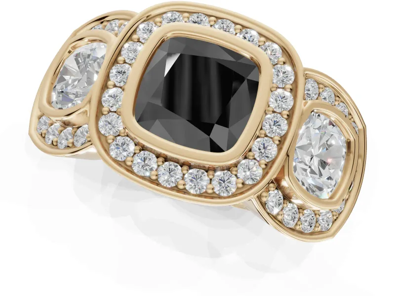 Cushion Cut Three Stone Halo Engagement Ring Setting for a Black Center | Bezel Set | Yellow Gold