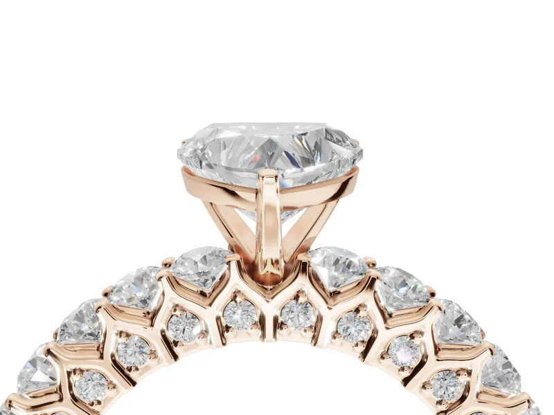 Heart-Shaped Shared Prong Engagement Ring Setting | Two-Row Band | Rose Gold