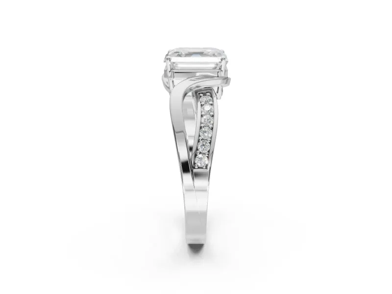 Asscher Cut Bypass Solitaire Engagement Ring Setting | Pavé and Plain Strands | White Gold