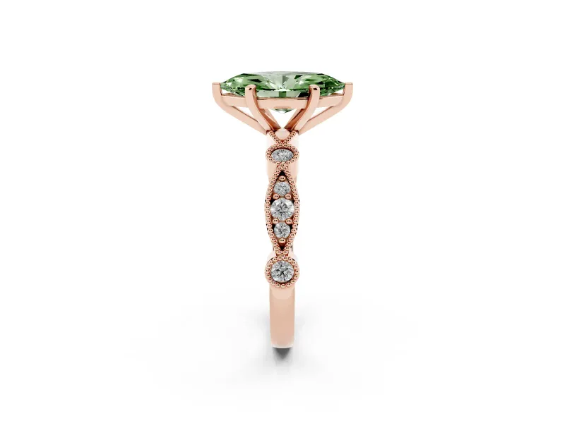 Fancy Green Marquise Cut Diamond Solitaire Engagement Ring Set in Rose gold with Milgrain Bezel Accent Band