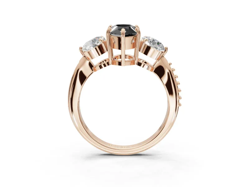 Pear-Shaped Three Stone Engagement Ring Setting for a Black Center | Tapered Pavé Band | Rose Gold
