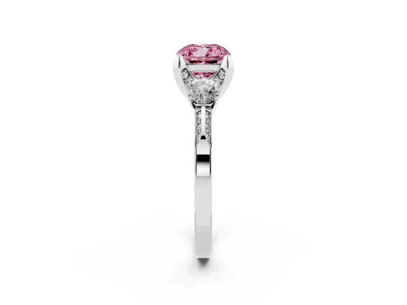 Cushion Cut Hidden Halo Three Stone Engagement Ring Setting for a Fancy Pink Lab-Grown Diamond | Sterling Silver