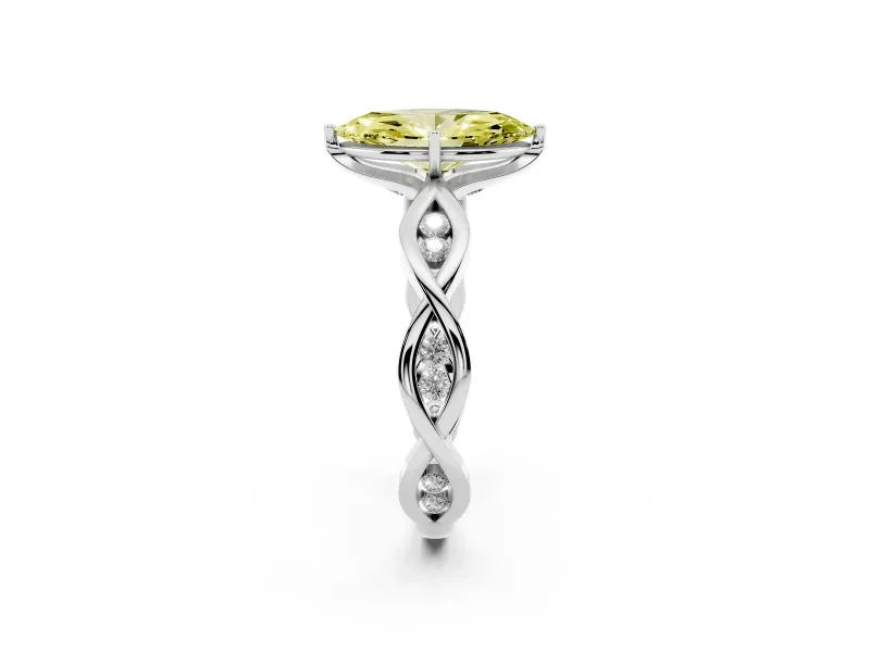 Fancy Yellow Marquise Cut Diamond Twist Band Solitaire Ring Set in White gold with Leaf Prong Setting and Accent Stones