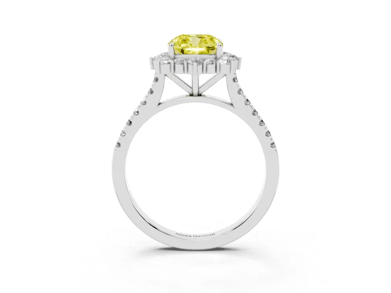 Cushion Cut Scalloped Halo Engagement Ring Setting for a Fancy Yellow Lab-Grown Diamond | Single Row Pave | White Gold
