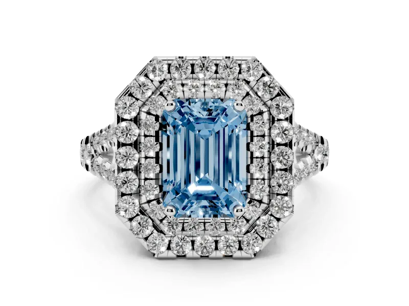 Fancy Blue Emerald Cut Diamond Double Halo Ring Set in Platinum with Pavé Split Shank and Prong Setting