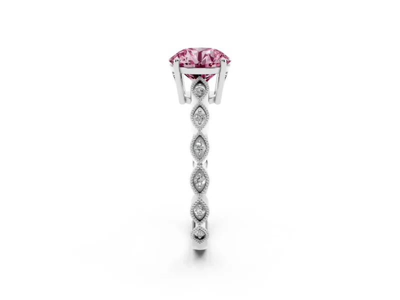 Fancy Pink Round Cut Diamond Solitaire Ring Set in White gold with Infinity Twist Pavé Band