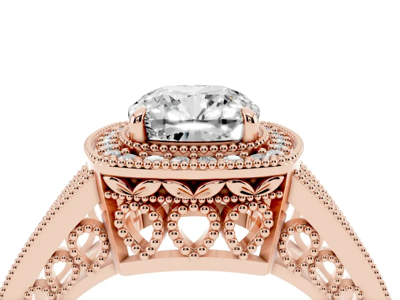 Cushion Cut Vintage Milgrain Halo Engagement Ring Setting | Pave Split Shank | Rose Gold