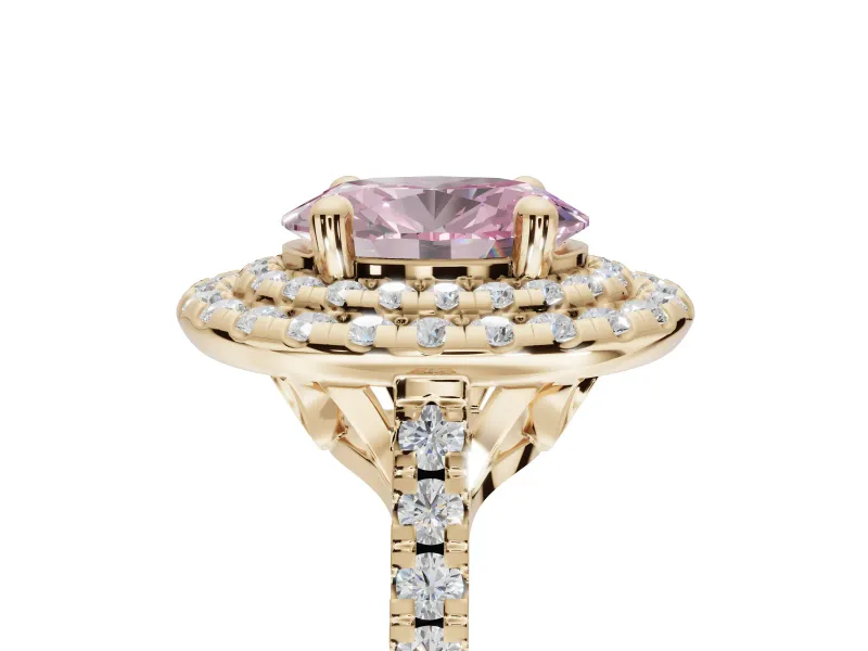 Fancy Pink Oval Lab-Grown Diamond Double Halo Statement Ring Set in Yellow Gold with Pavé Band