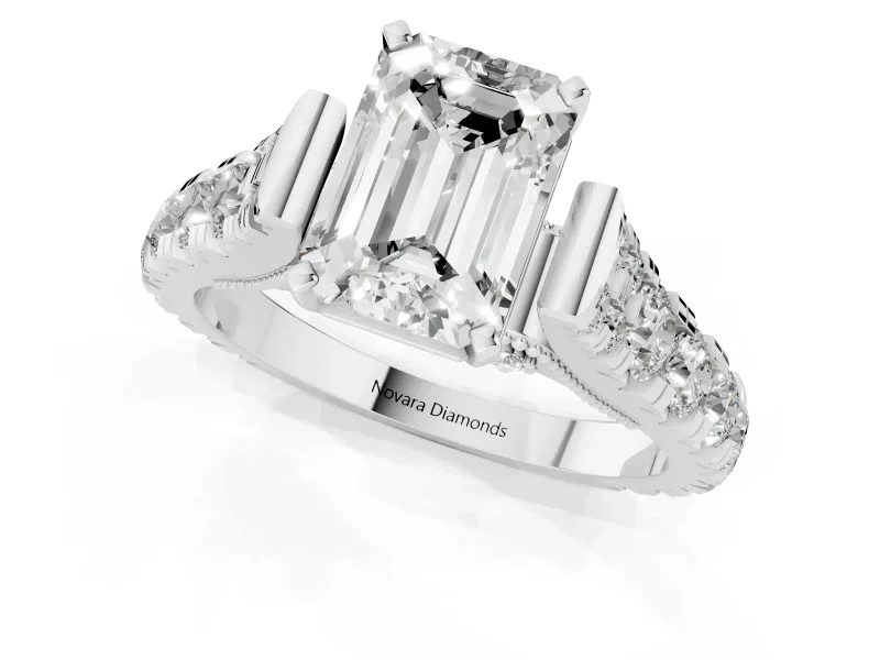 Emerald Cut Diamond Classic Solitaire Ring Set in Silver with Pavé Band and Prong Setting