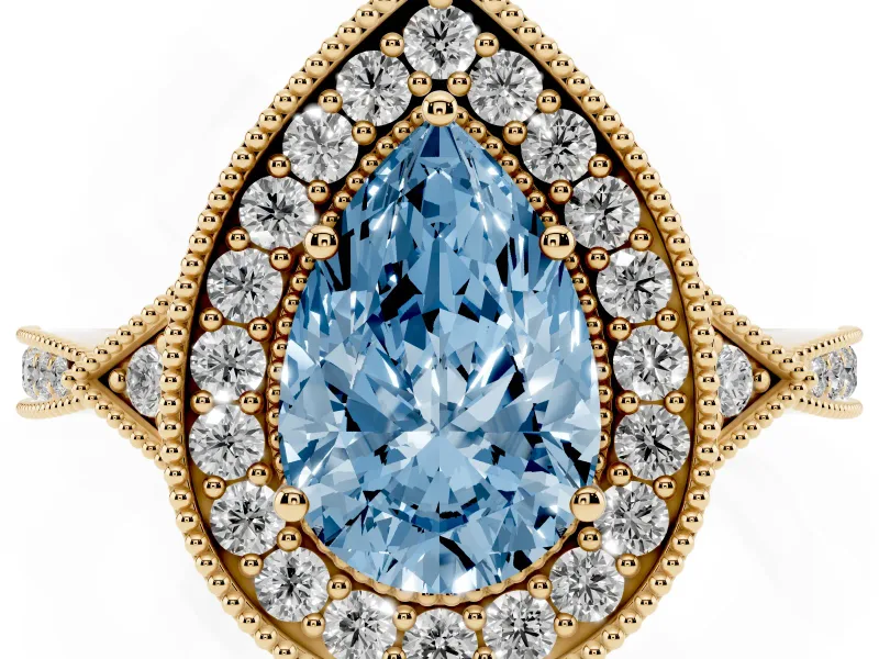 Pear-Shaped Milgrain Halo Engagement Ring Setting for a Fancy Blue Lab-Grown Diamond | Graduated Pavé | Yellow Gold
