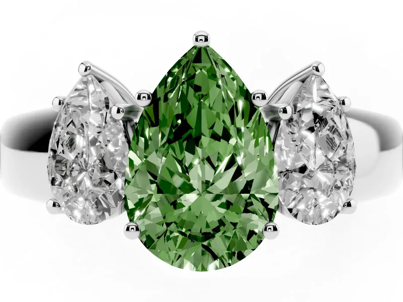 Fancy Green Three-Stone Pear Cut Diamond Ring Set in Platinum with Matching Prong Settings and Plain Band